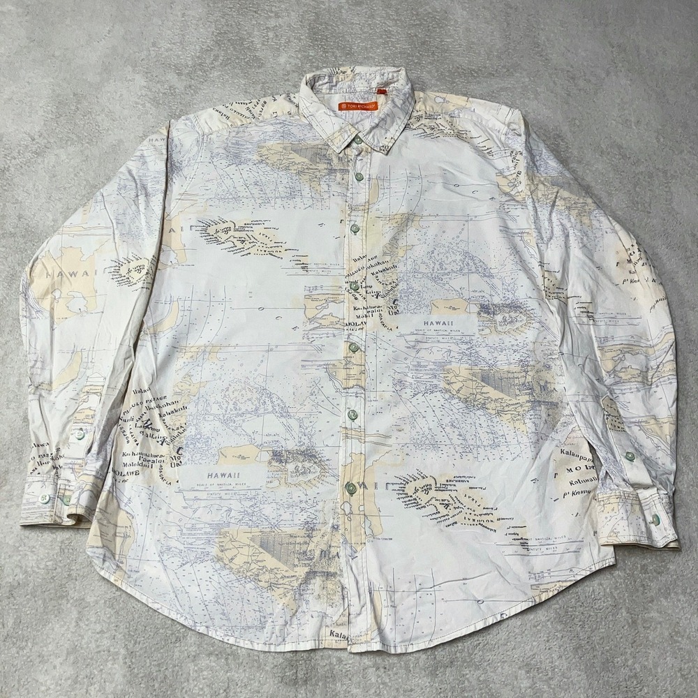 Tori Richard Long Sleeve Shirt Map Nautical Print AOP Cream Aloha Mens L